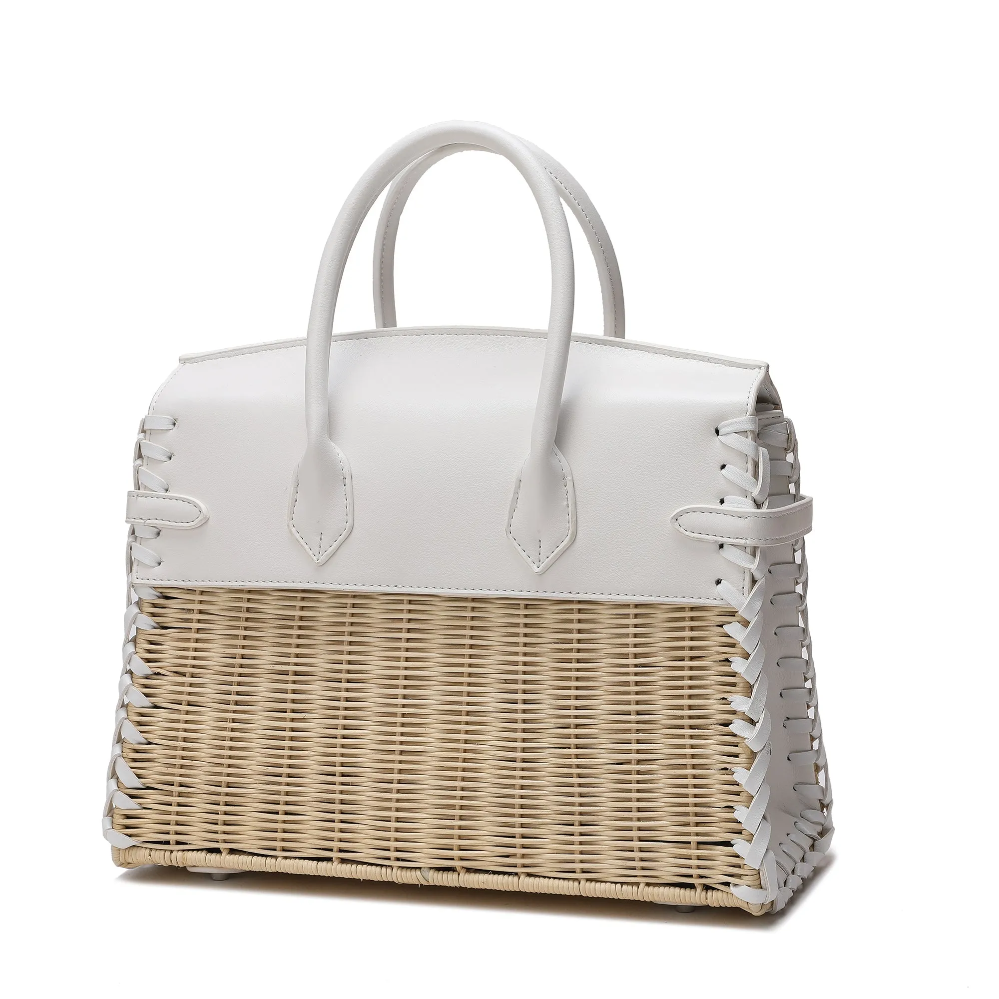 Smooth-Leather & Straw Top-Handle Bag