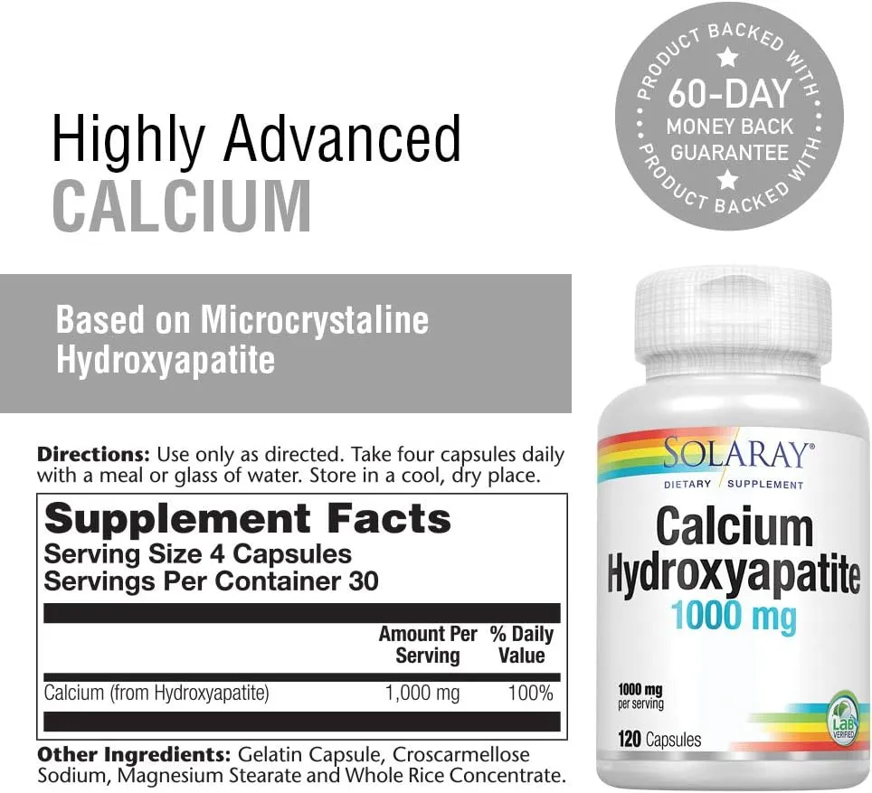 Solaray Calcium Hydroxyapatite 1000mg | Highly Advanced Calcium Supplement to Help Support Healthy Bones & Teeth, Nerve & Muscle Function | 120 Caps