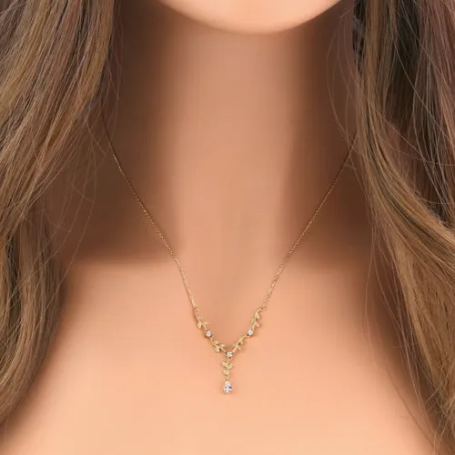 Solid 14K Gold Elegant Vine with Clear CZ Necklace
