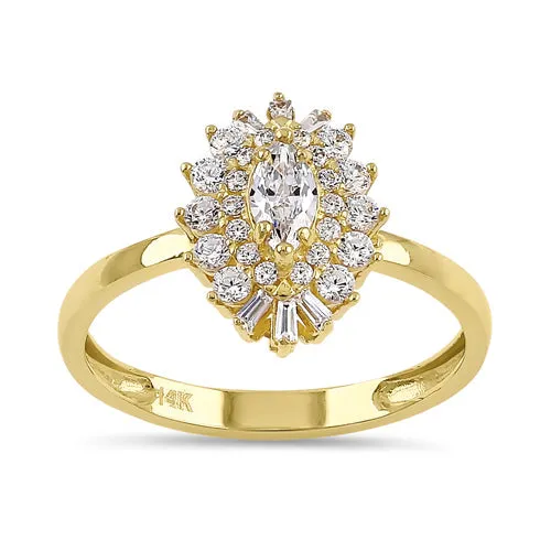 Solid 14K Yellow Gold Elegant Marquise CZ Halo Ring