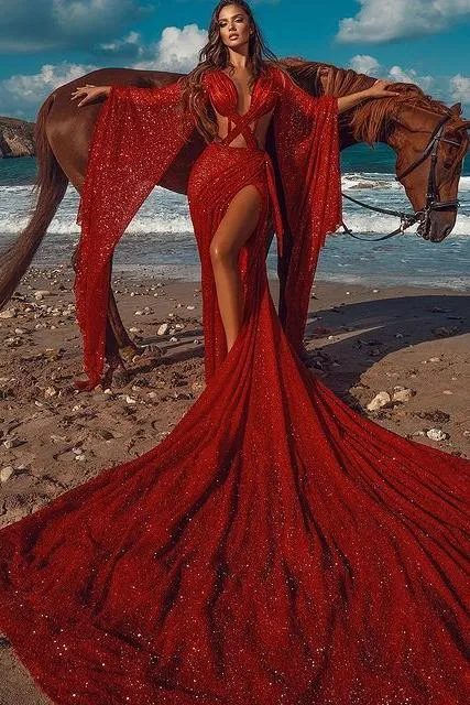 Sparkle Red Extreme Long Train Chic Criss-cross Long Sleevess Prom Party Gowns