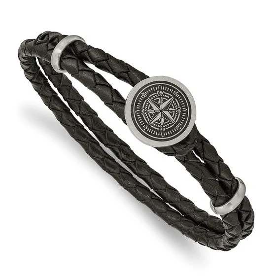 Stainless Steel Brushed Compass Black Woven Leather 8.5 inch Bracelet