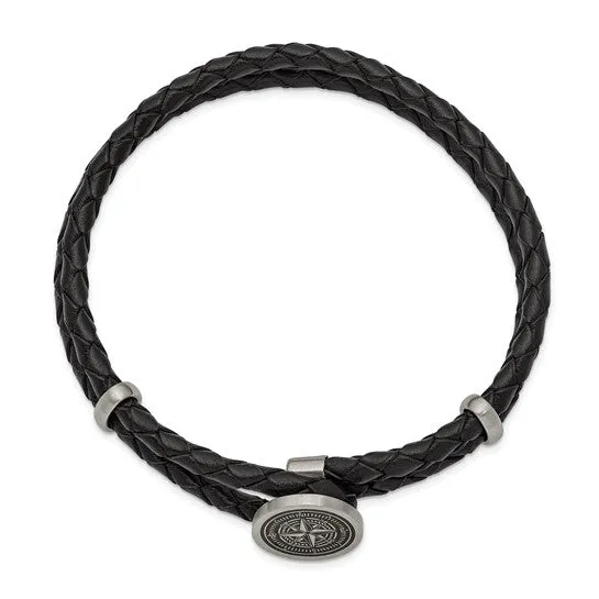 Stainless Steel Brushed Compass Black Woven Leather 8.5 inch Bracelet