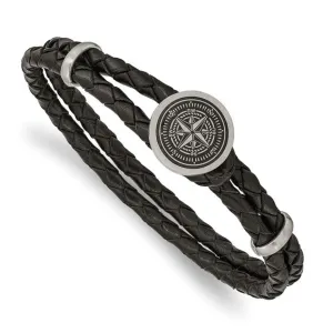 Stainless Steel Brushed Compass Black Woven Leather 8.5 inch Bracelet