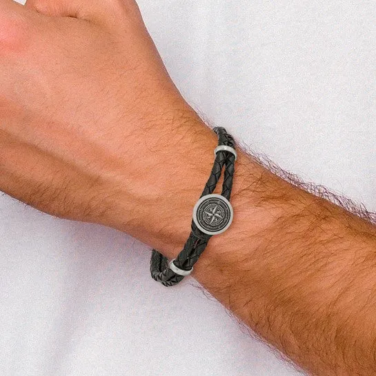 Stainless Steel Brushed Compass Black Woven Leather 8.5 inch Bracelet