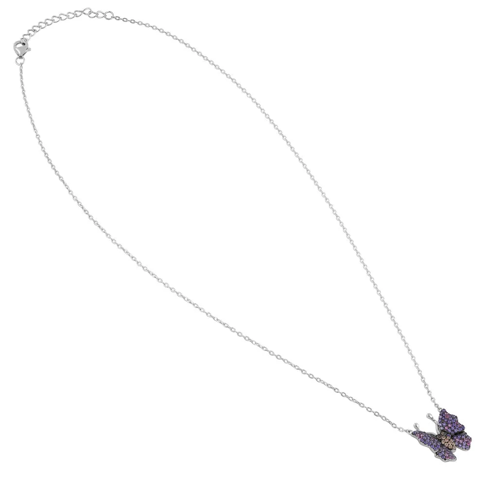 Sterling Silver Chic Butterfly Round Cut Amethyst, Ruby and Brown CZ Necklace