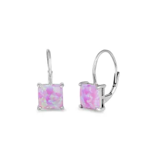 Sterling Silver Elegant Pink Lab Opal Square Earrings
