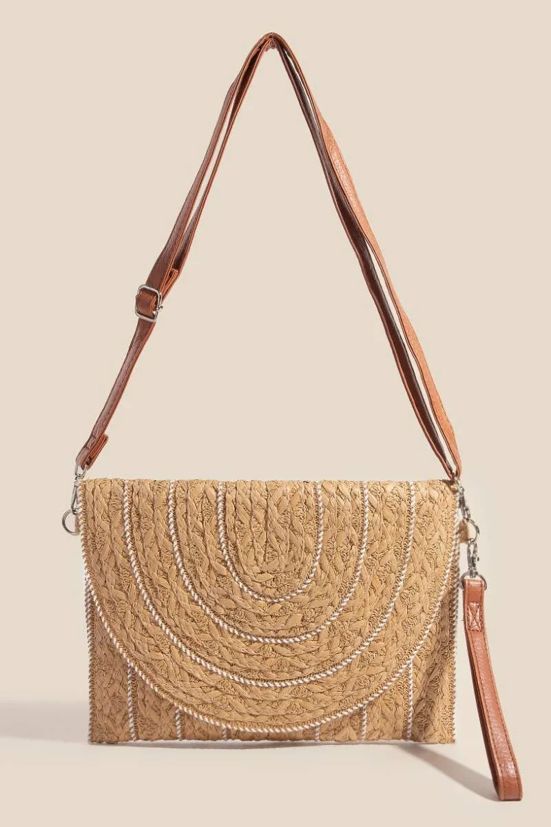stitched straw envelope clutch - neutral/ white trim