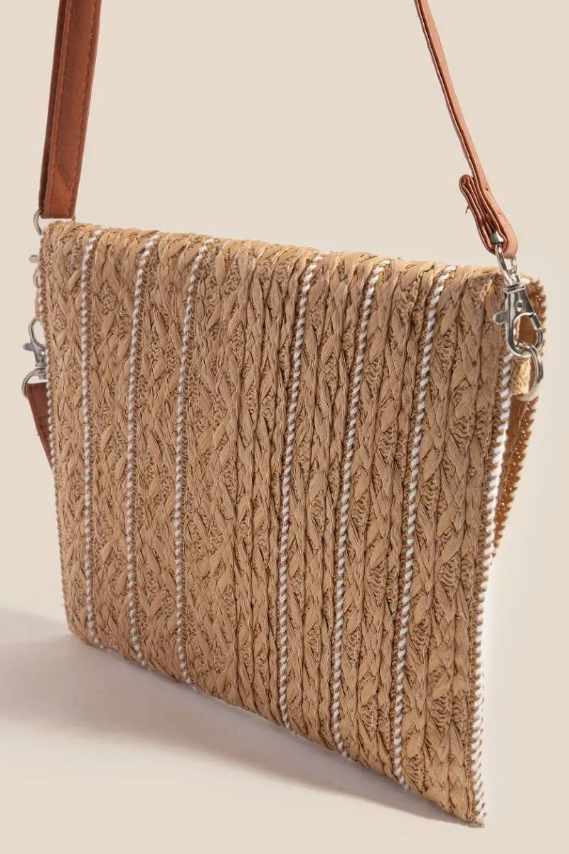 stitched straw envelope clutch - neutral/ white trim