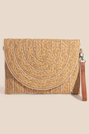 stitched straw envelope clutch - neutral/ white trim