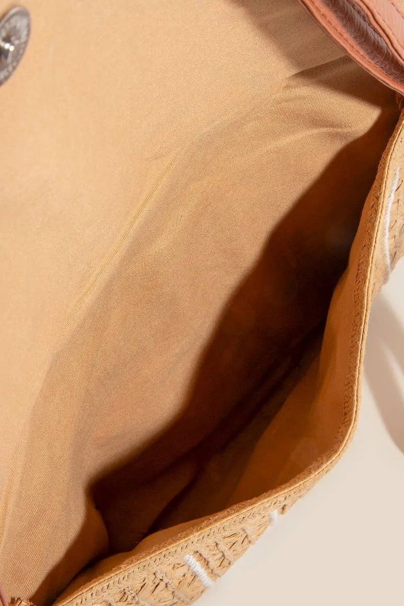 stitched straw envelope clutch - neutral/ white trim