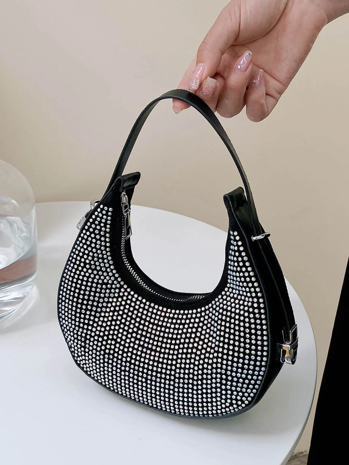 Studded Decor Hobo Bag - Silver