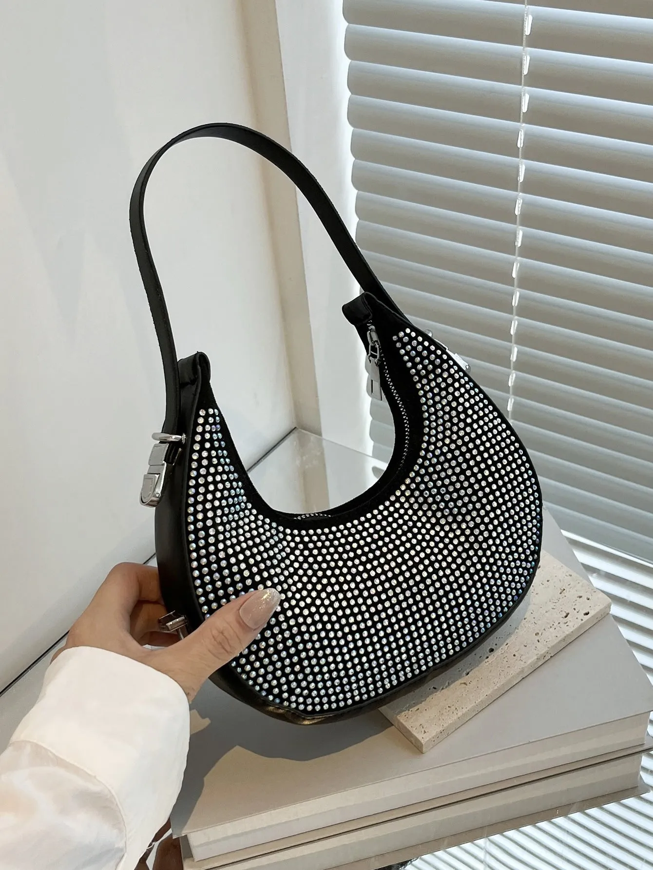Studded Decor Hobo Bag - Silver