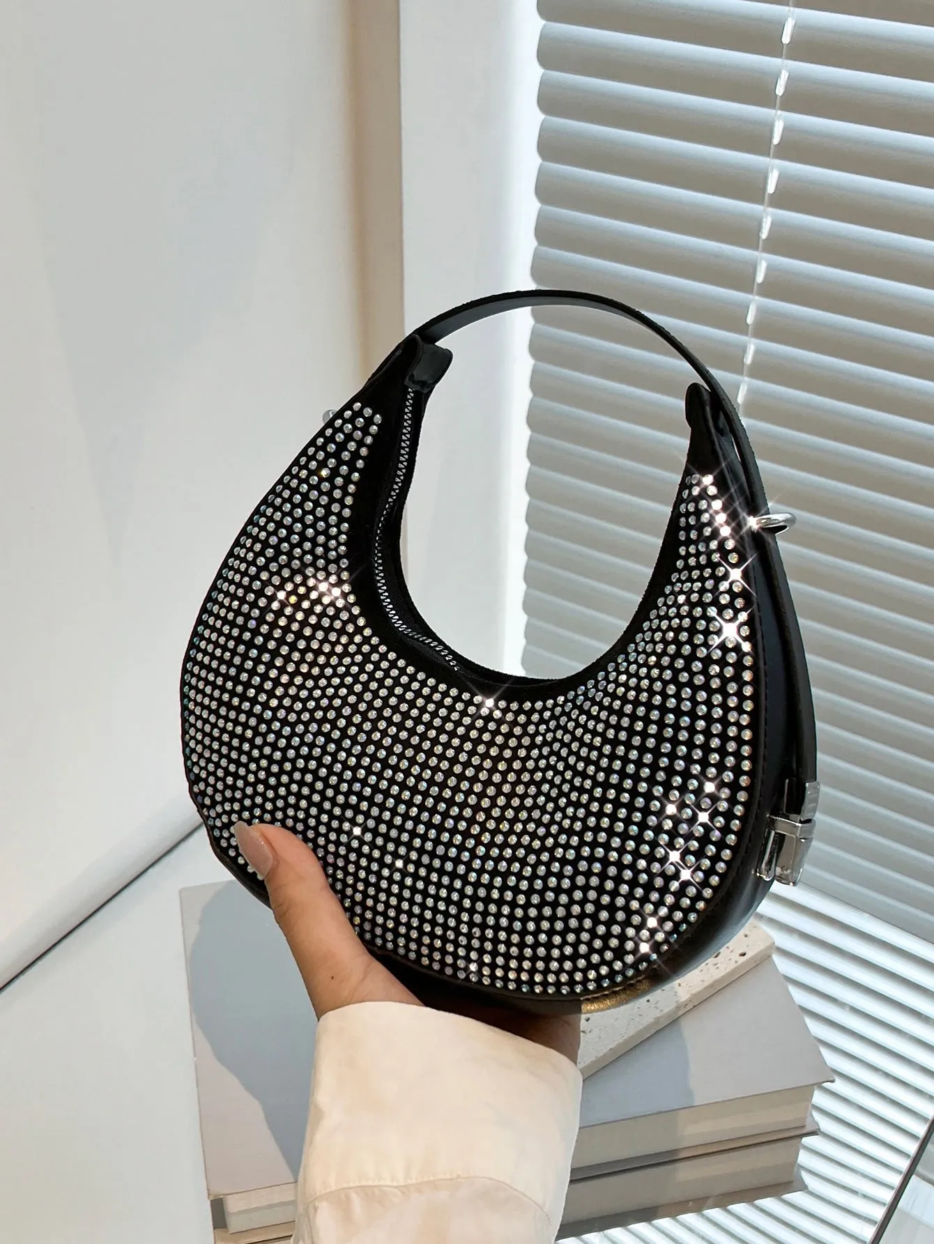Studded Decor Hobo Bag - Silver