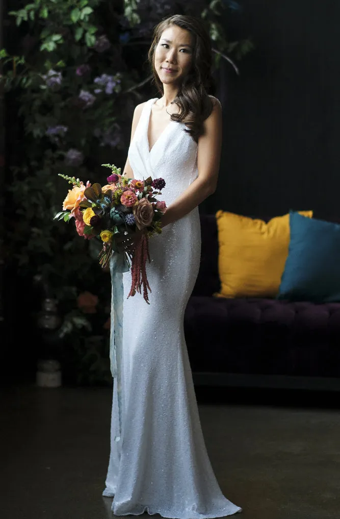 Sun White Sequin Cowl Back Gown by Theia Couture - RENTAL