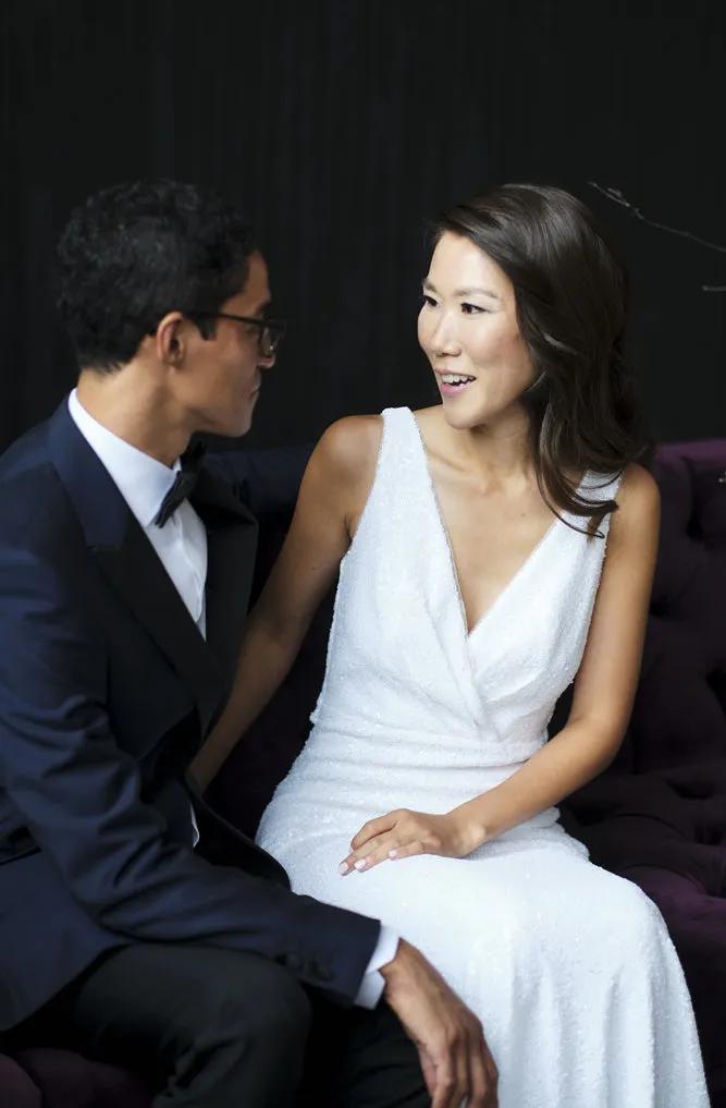 Sun White Sequin Cowl Back Gown by Theia Couture - RENTAL