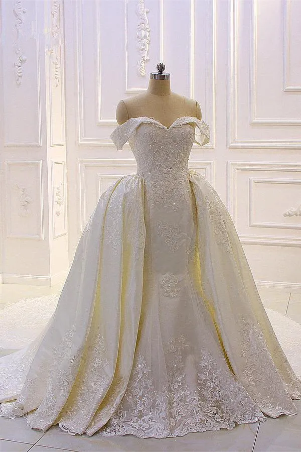 Sweetheart Lace Appliques Off the Shoulder Detachable Train Wedding Dress
