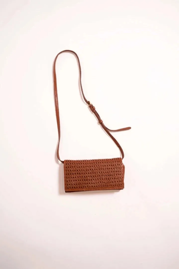 The Playa Woven Crossbody Purse - Cognac Leather