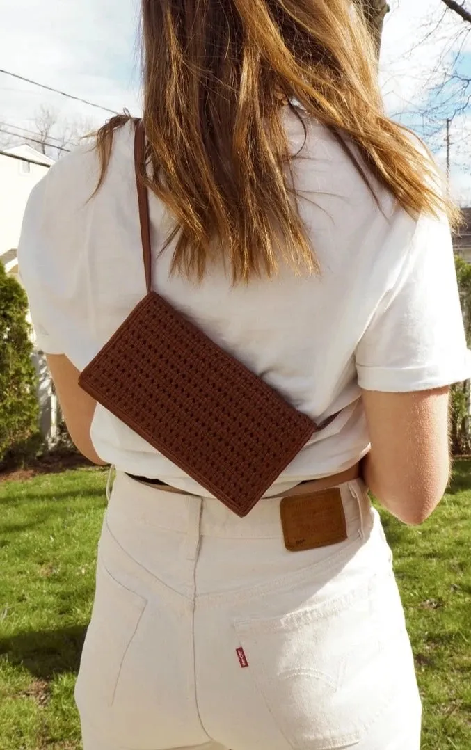 The Playa Woven Crossbody Purse - Cognac Leather