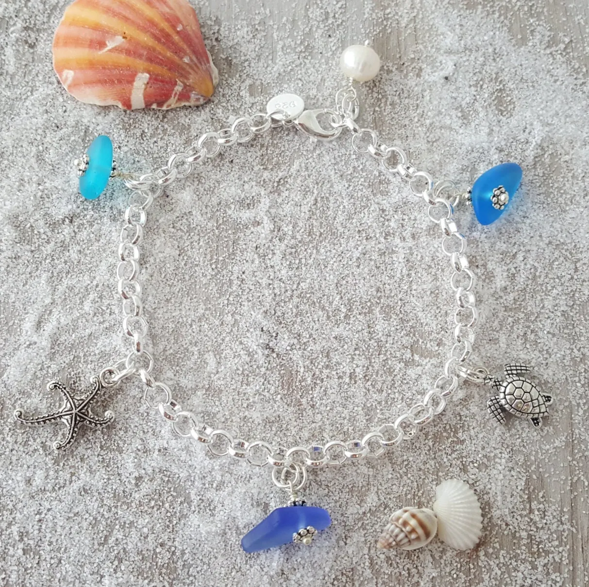 Three Colors of the Hawaiian Ocean, sea glass bracelet, starfish charm, turtle charm, Natural pearl, FREE gift wrap gift message