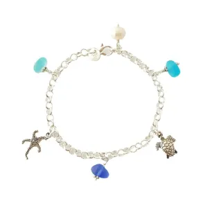 Three Colors of the Hawaiian Ocean, sea glass bracelet, starfish charm, turtle charm, Natural pearl, FREE gift wrap gift message