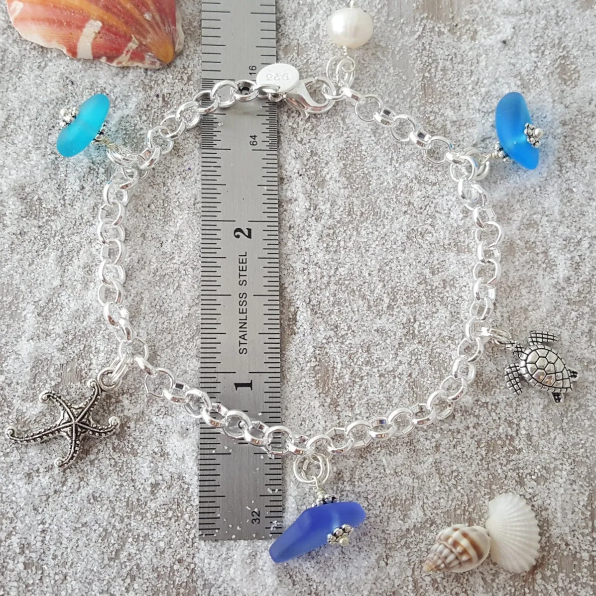 Three Colors of the Hawaiian Ocean, sea glass bracelet, starfish charm, turtle charm, Natural pearl, FREE gift wrap gift message