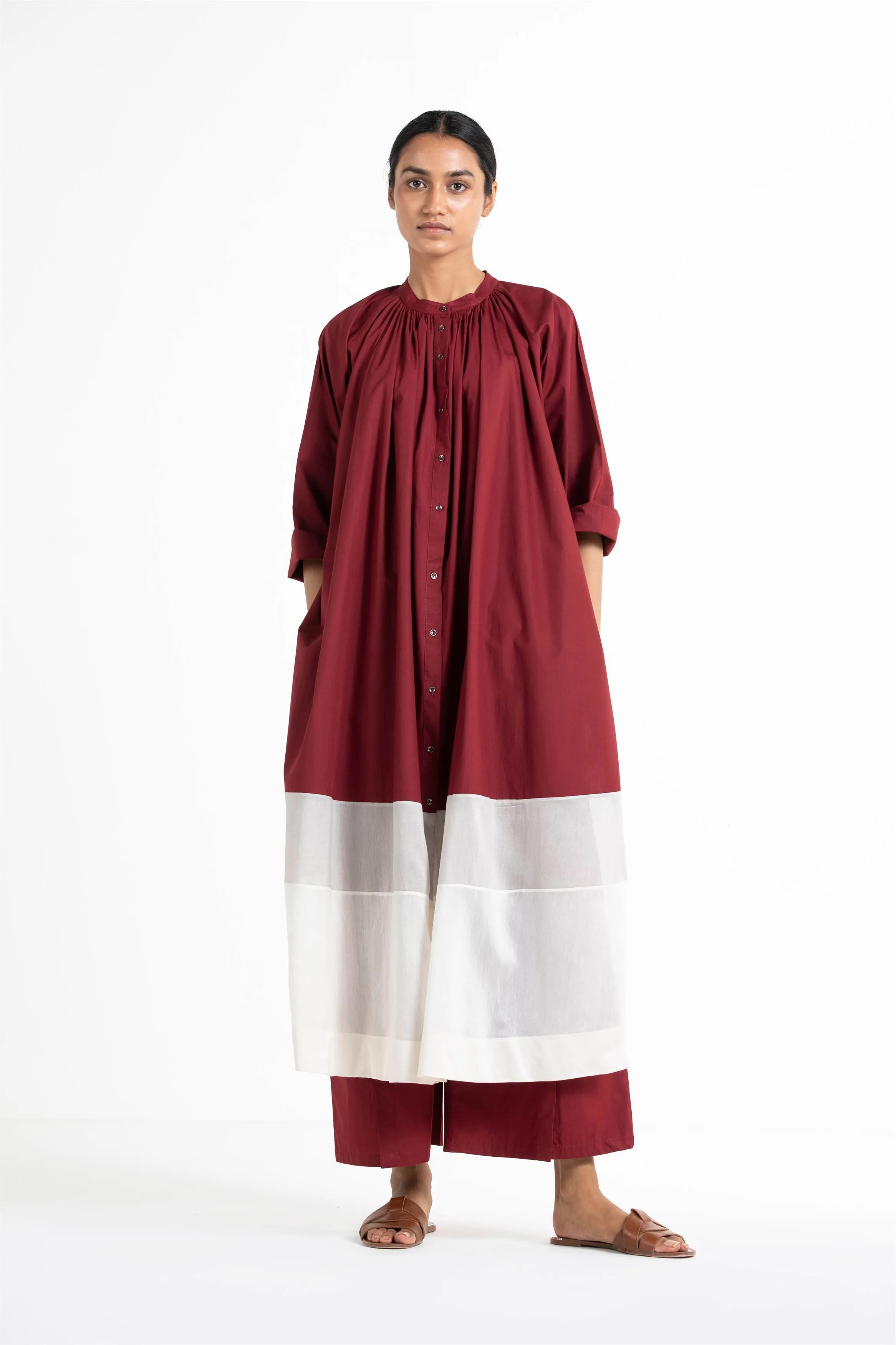 THREE   -   Panel Gather Neck Shirt Co Ord (Set Of 2)
