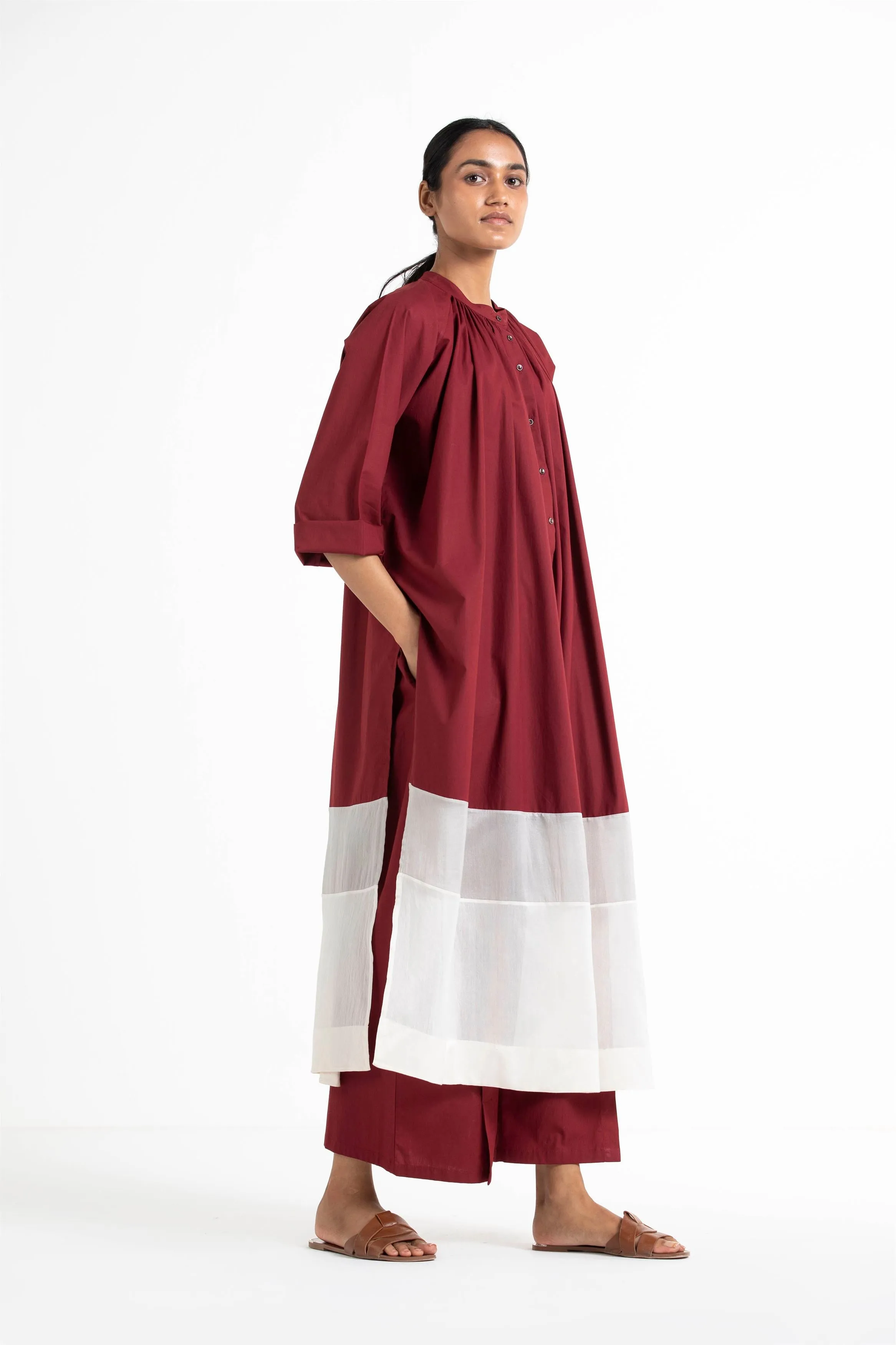 THREE   -   Panel Gather Neck Shirt Co Ord (Set Of 2)