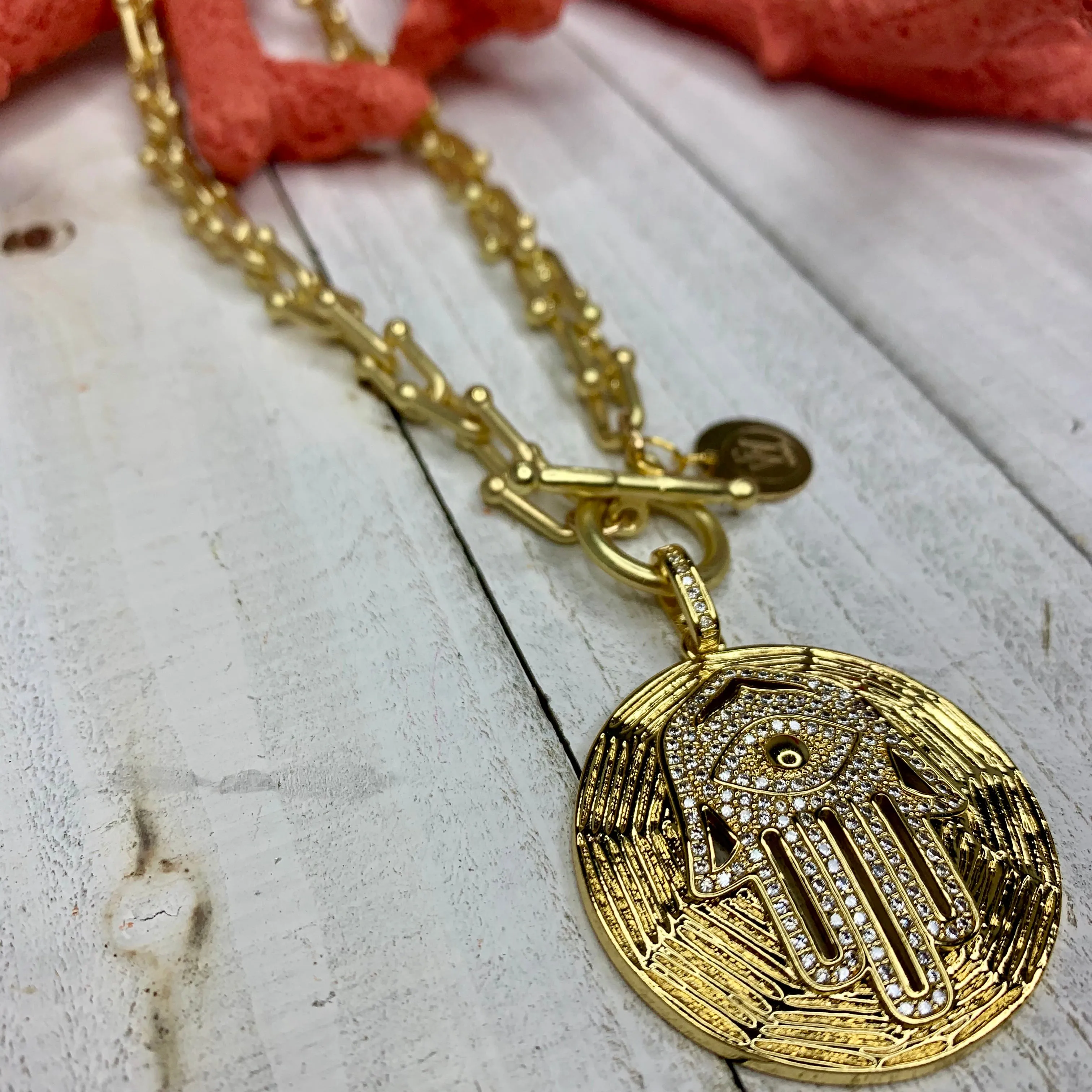 Tiffany's Style Chain in Sanded Gold Necklace with Hand of Fatima Pendant 300-26 | Erika Williner Designs