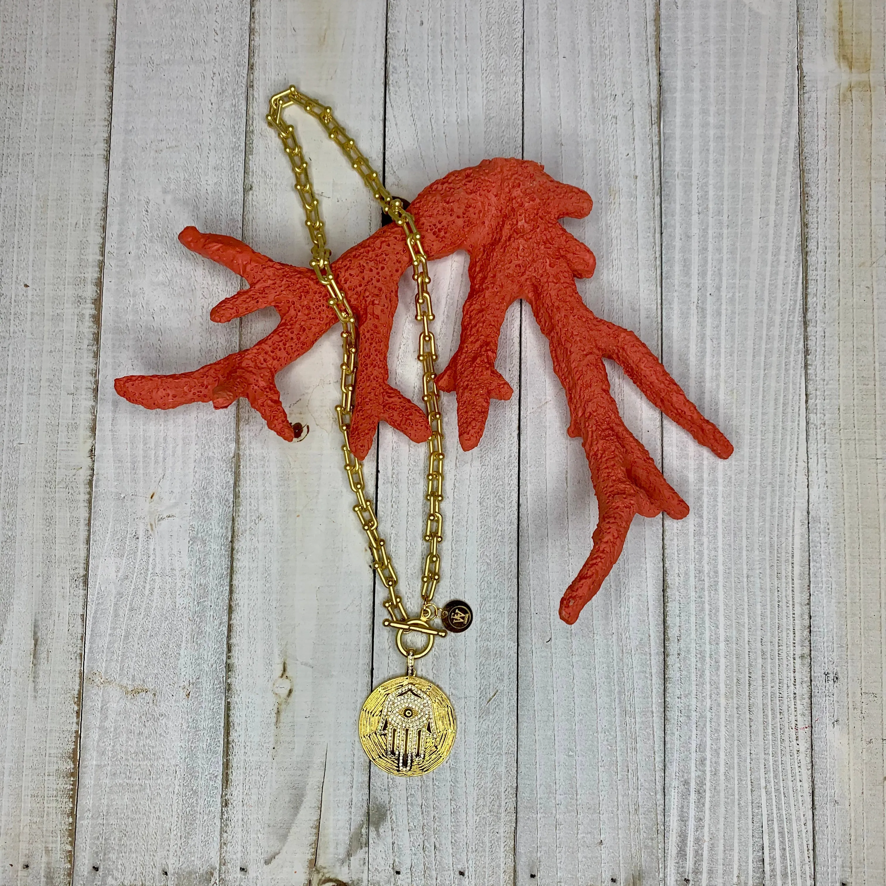 Tiffany's Style Chain in Sanded Gold Necklace with Hand of Fatima Pendant 300-26 | Erika Williner Designs