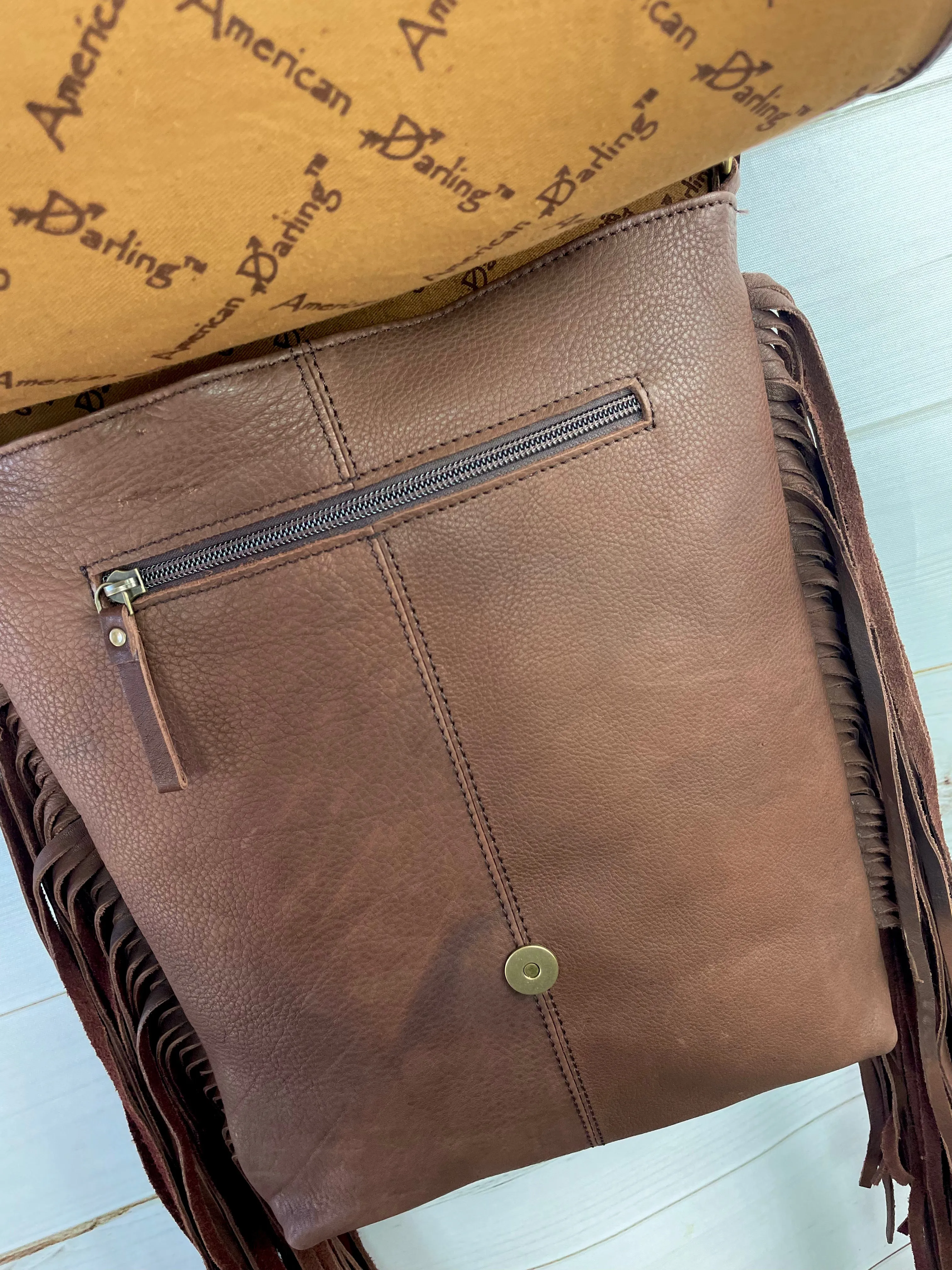 Tombstone Tooled Band Leather Flap Fringe Crossbody Bag