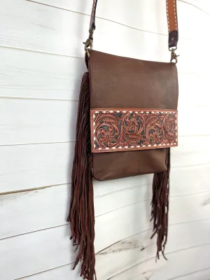Tombstone Tooled Band Leather Flap Fringe Crossbody Bag