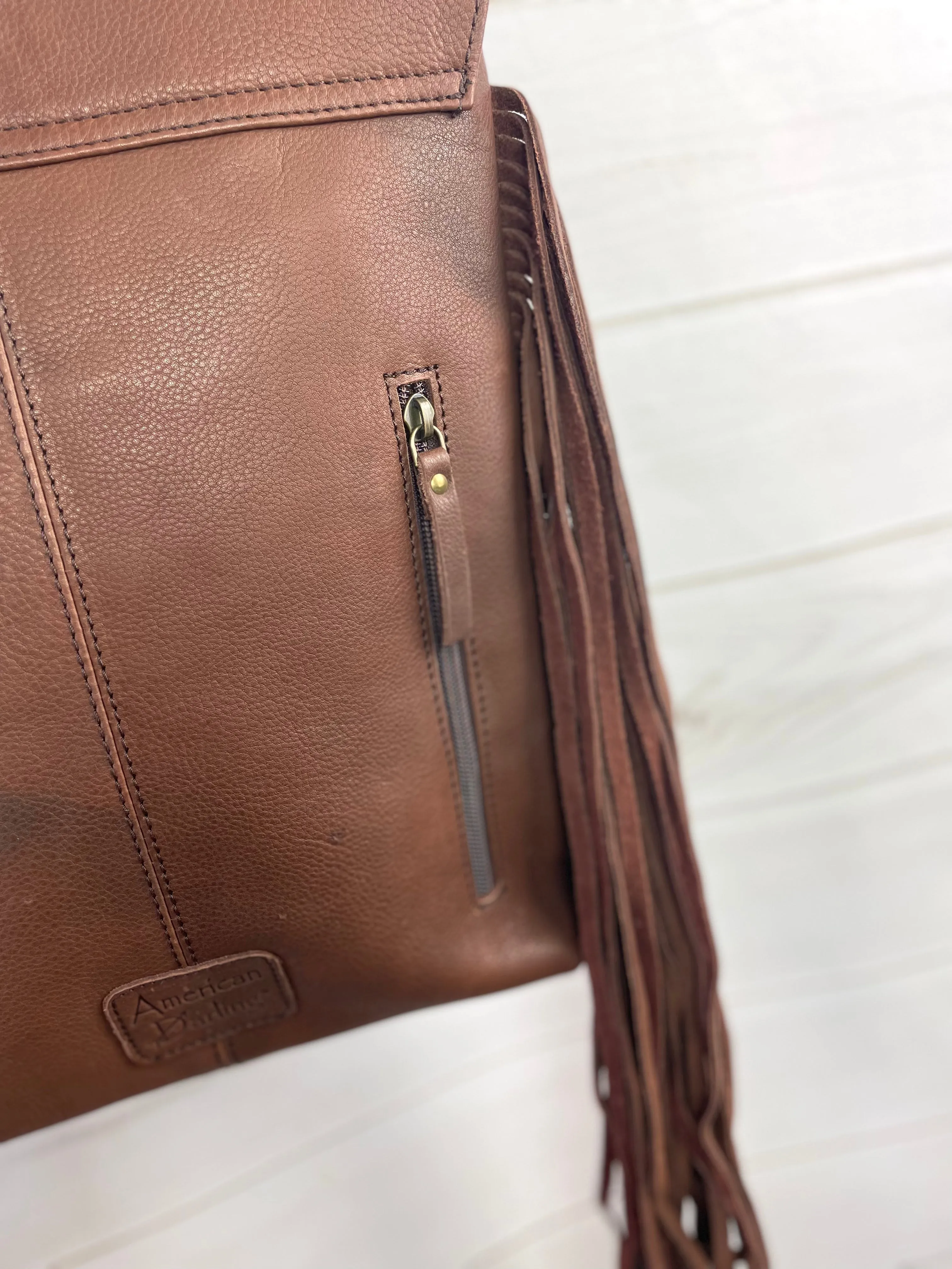 Tombstone Tooled Band Leather Flap Fringe Crossbody Bag