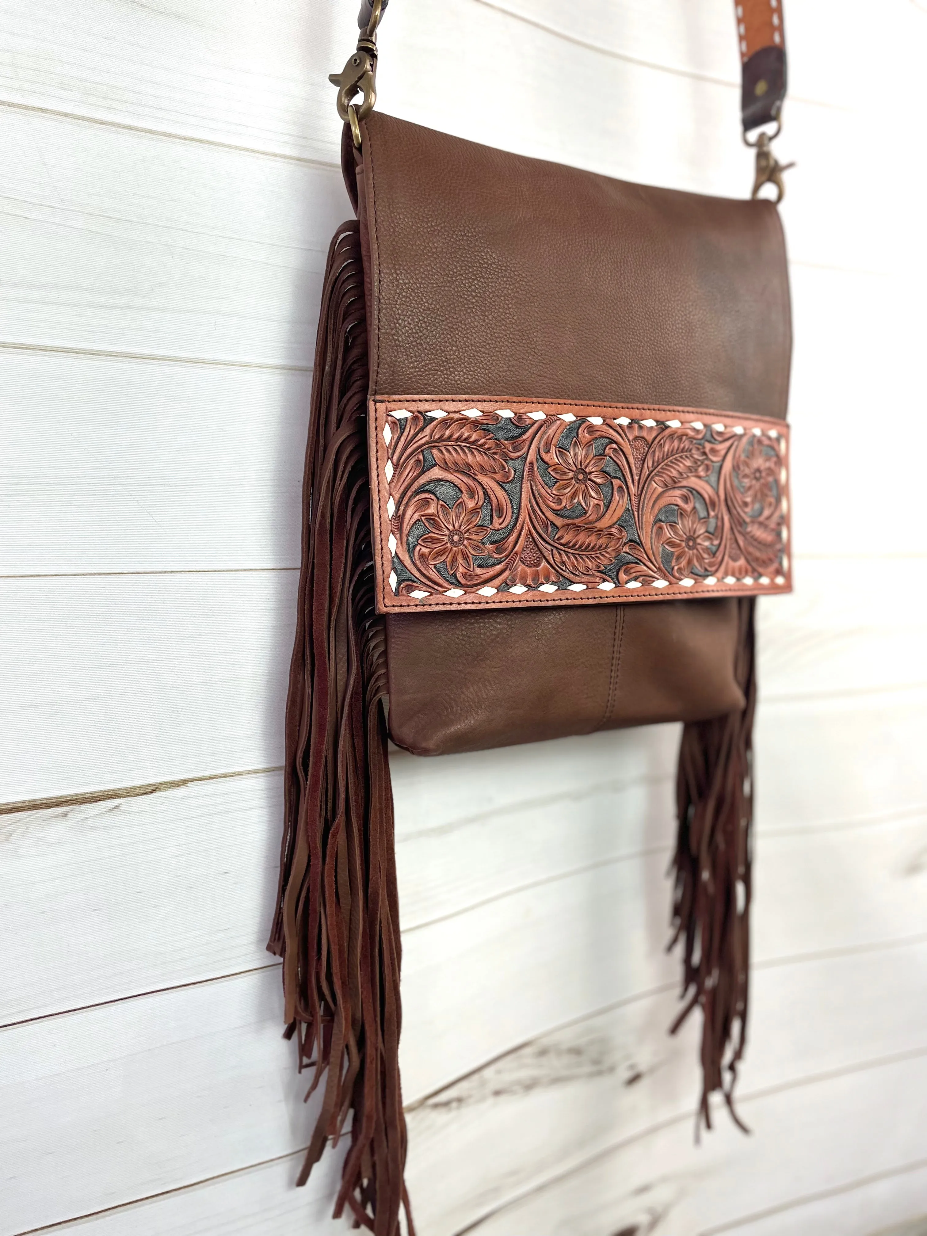 Tombstone Tooled Band Leather Flap Fringe Crossbody Bag