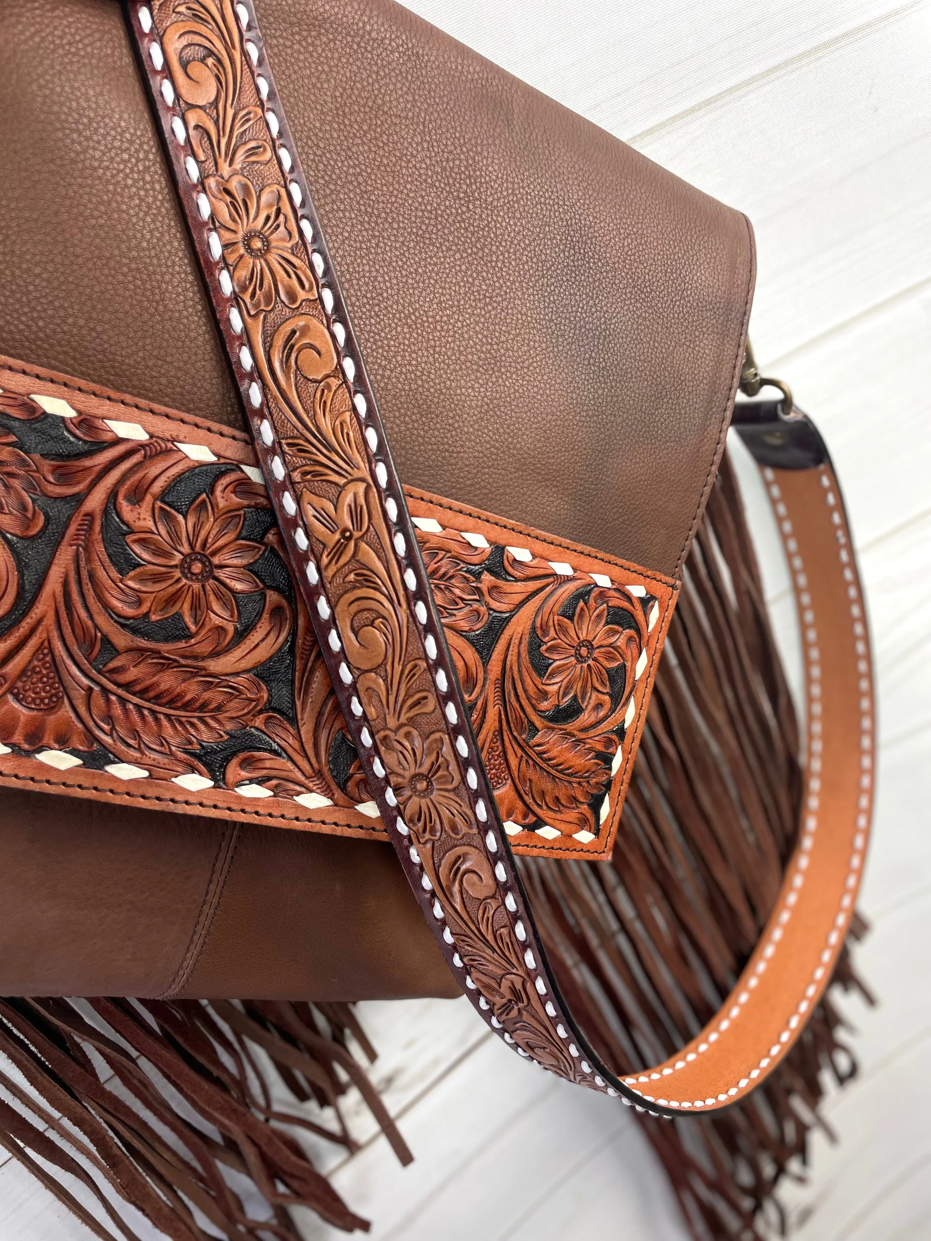Tombstone Tooled Band Leather Flap Fringe Crossbody Bag