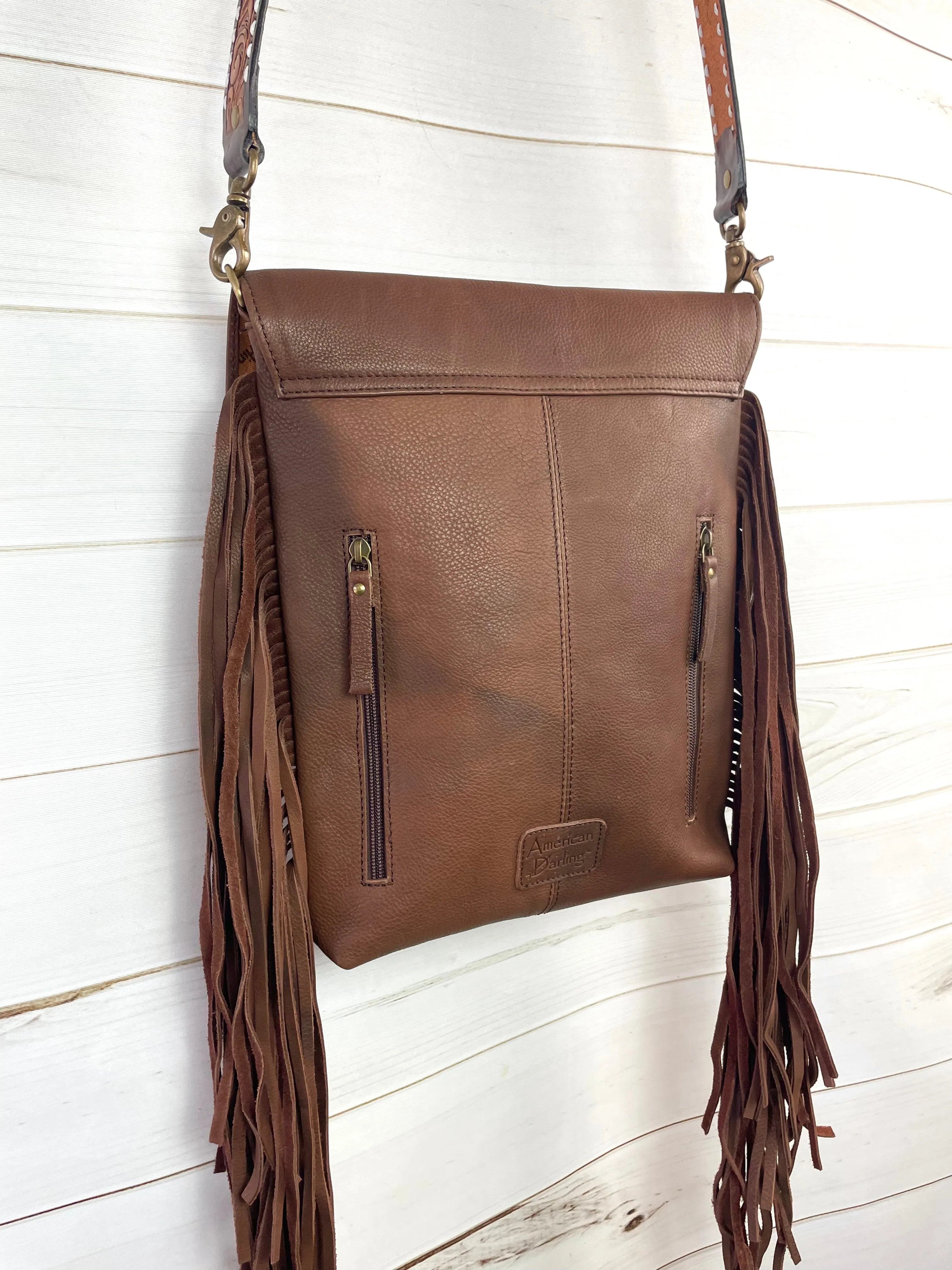 Tombstone Tooled Band Leather Flap Fringe Crossbody Bag