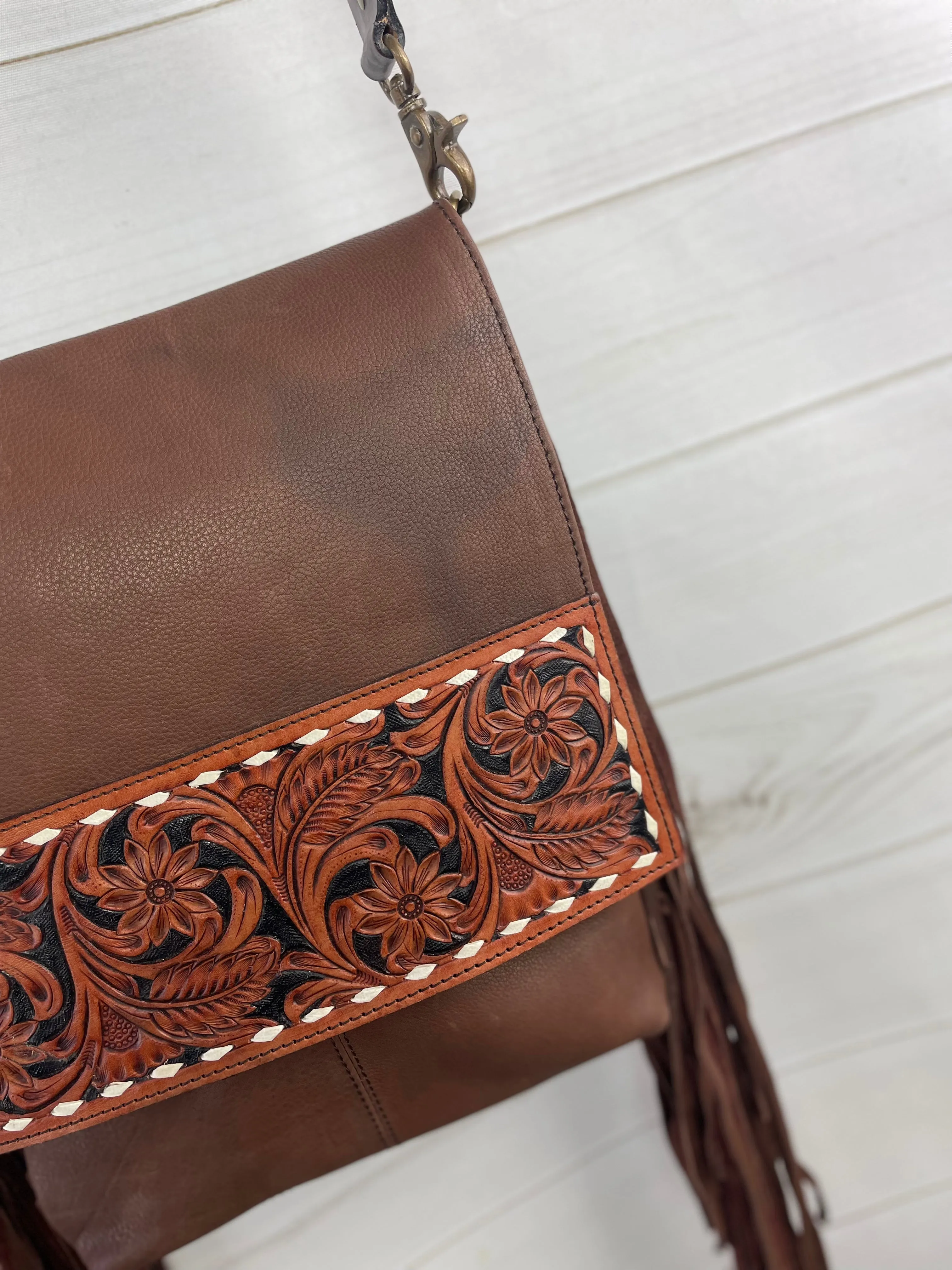 Tombstone Tooled Band Leather Flap Fringe Crossbody Bag