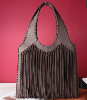 TR161G-918 Trinity Ranch Hand-Tie fringe Concealed Carry Hobo Shoulder Bag-Coffee