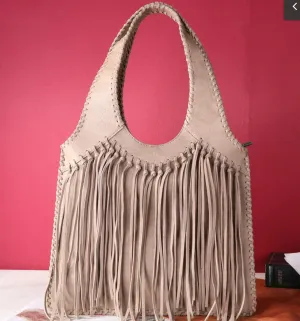 TR161G-918 Trinity Ranch Hand-Tie fringe Concealed Carry Hobo Shoulder Bag-Khaki