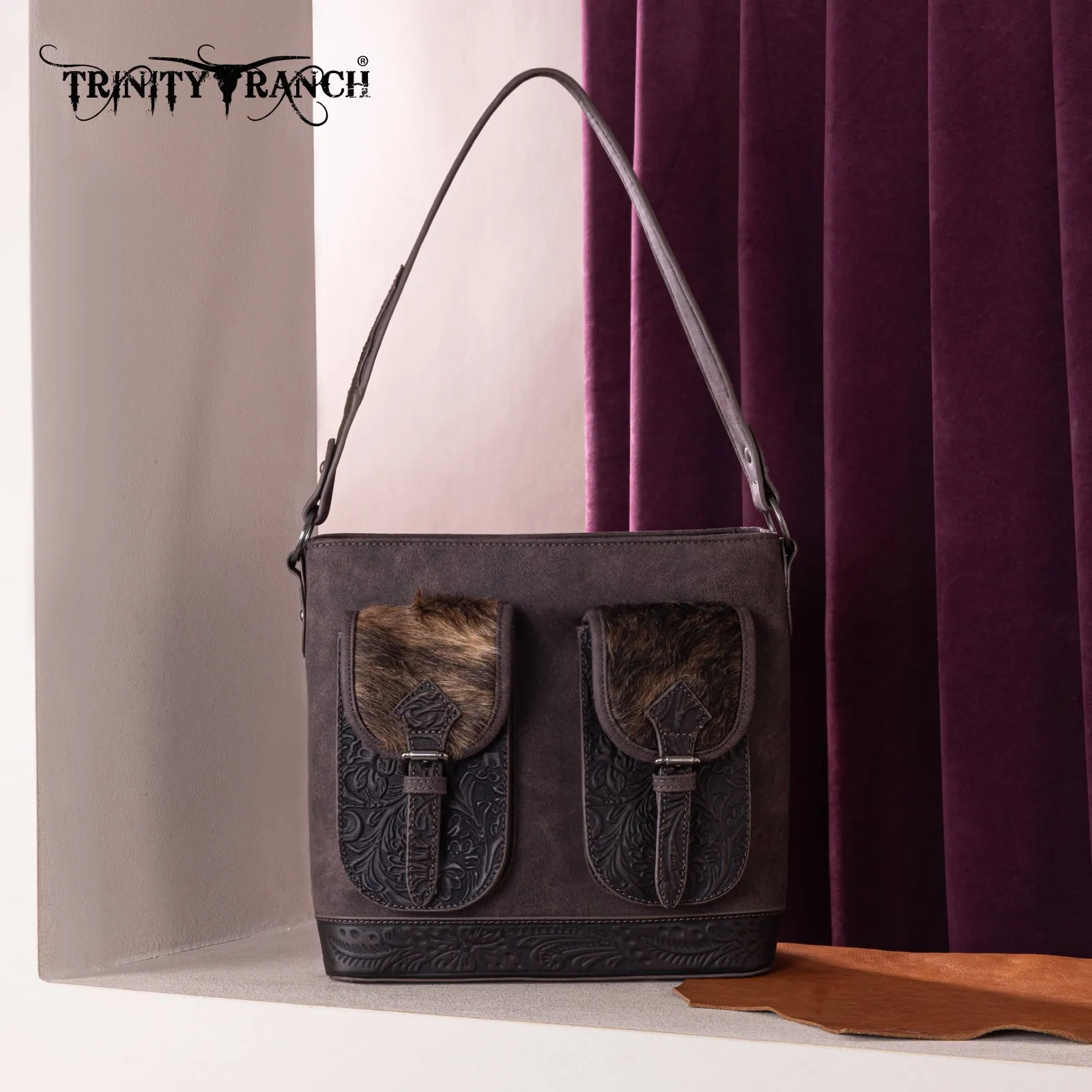TR185G-918  Trinity Ranch Genuine Hair-On Cowhide Tooled Concealed Carry Hobo Bag-  Coffee