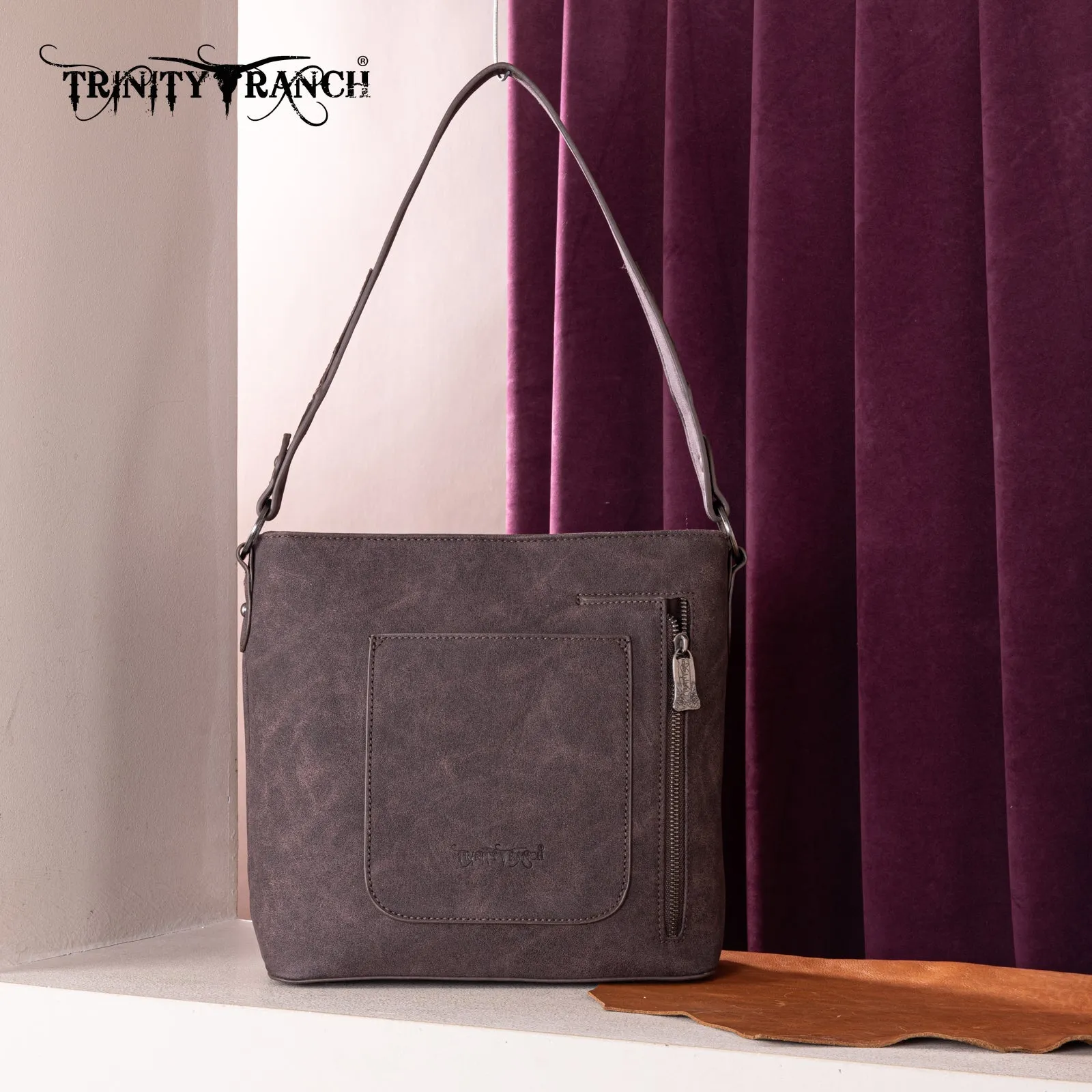 TR185G-918  Trinity Ranch Genuine Hair-On Cowhide Tooled Concealed Carry Hobo Bag-  Coffee