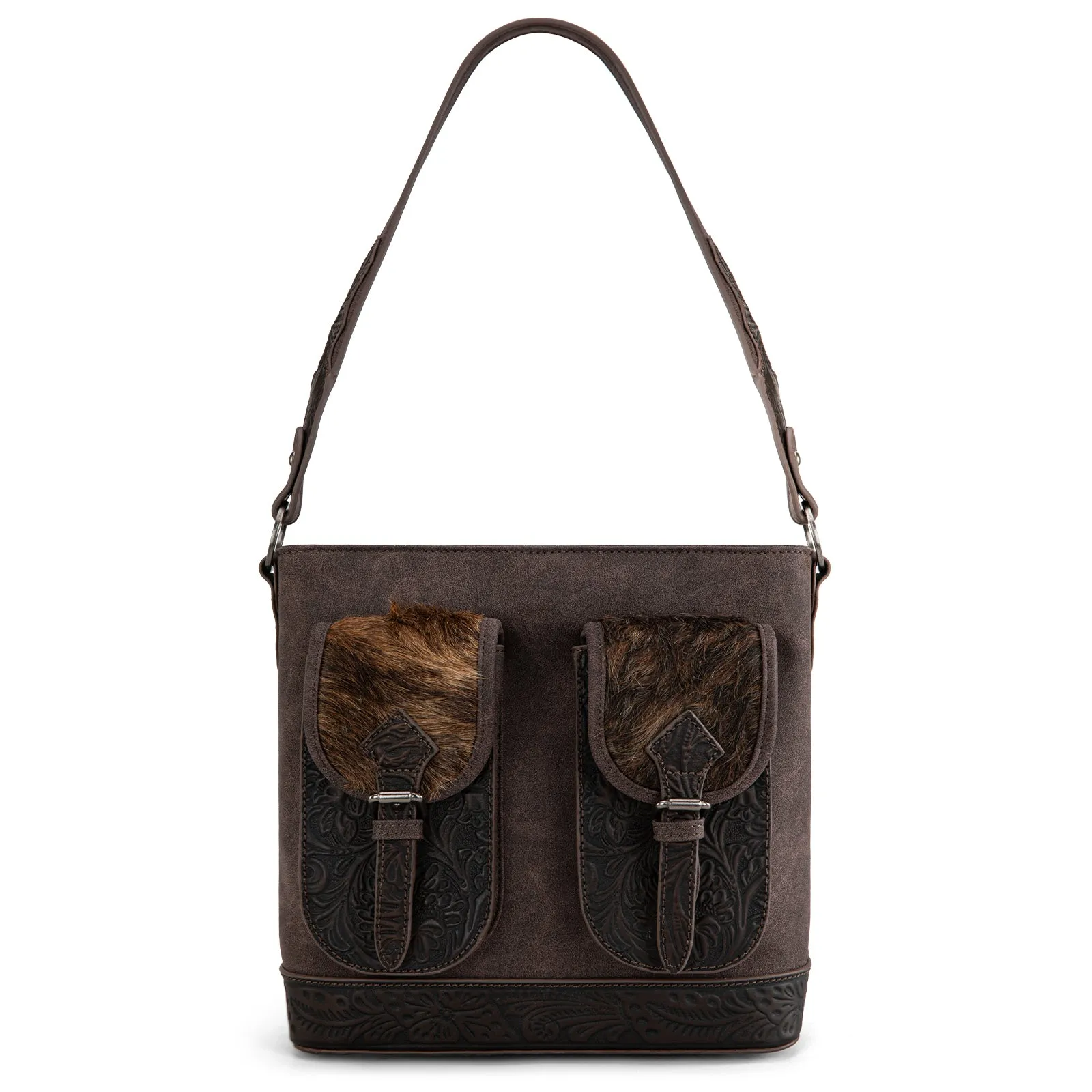 TR185G-918  Trinity Ranch Genuine Hair-On Cowhide Tooled Concealed Carry Hobo Bag-  Coffee