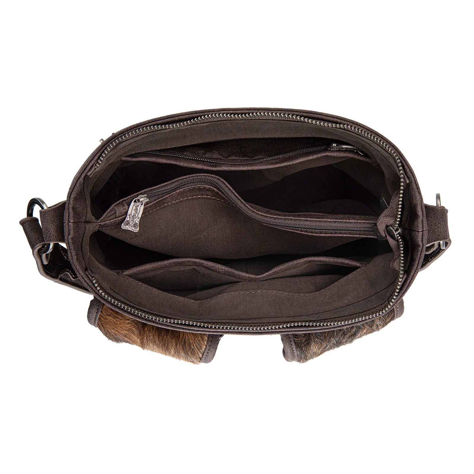 TR185G-918  Trinity Ranch Genuine Hair-On Cowhide Tooled Concealed Carry Hobo Bag-  Coffee