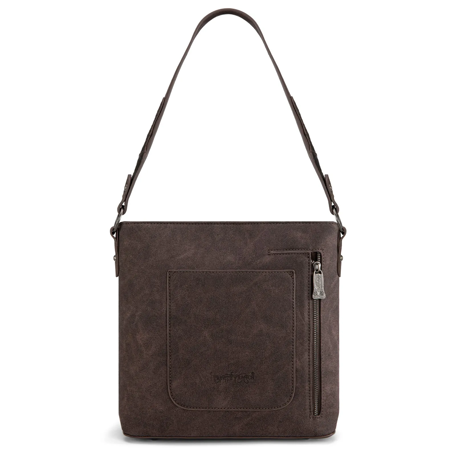 TR185G-918  Trinity Ranch Genuine Hair-On Cowhide Tooled Concealed Carry Hobo Bag-  Coffee