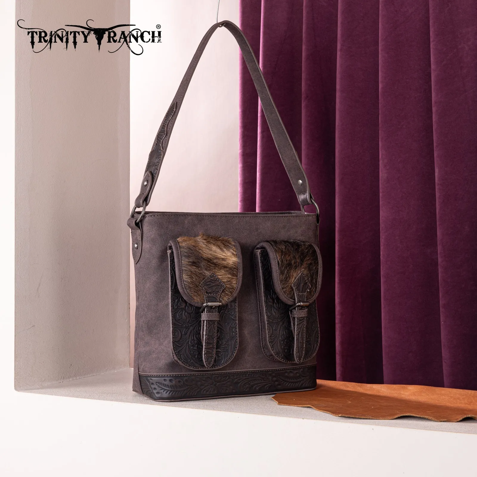 TR185G-918  Trinity Ranch Genuine Hair-On Cowhide Tooled Concealed Carry Hobo Bag-  Coffee