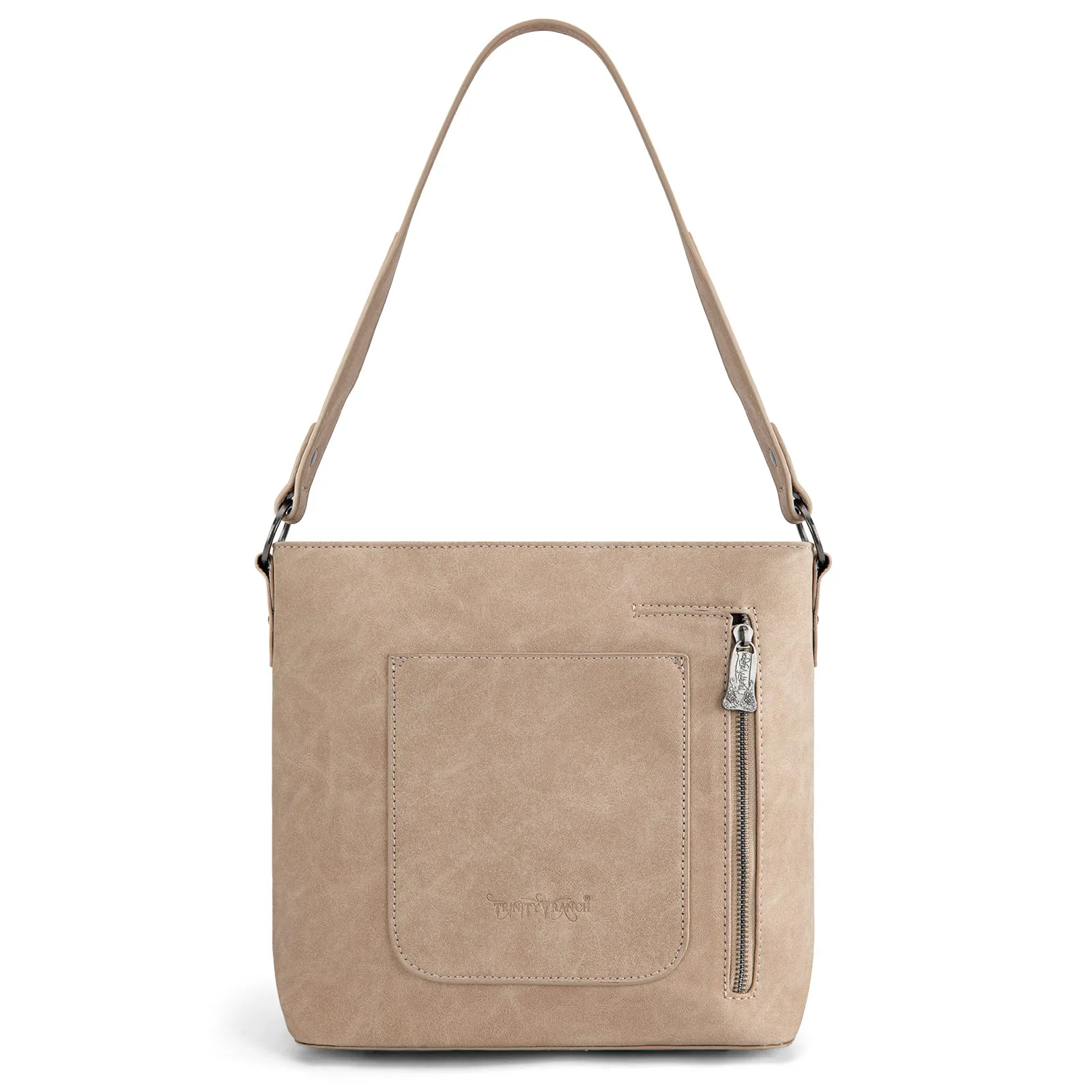 TR185G-918  Trinity Ranch Genuine Hair-On Cowhide Tooled Concealed Carry Hobo Bag- Tan