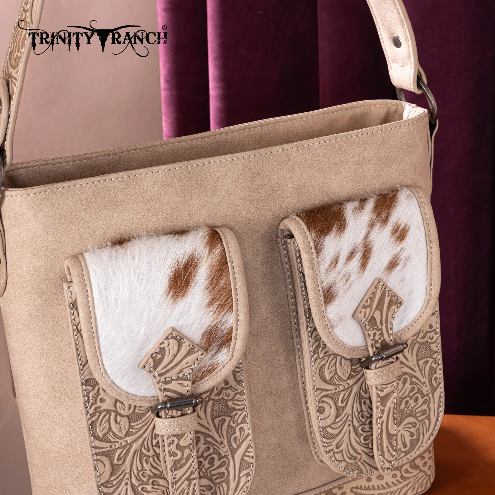 TR185G-918  Trinity Ranch Genuine Hair-On Cowhide Tooled Concealed Carry Hobo Bag- Tan
