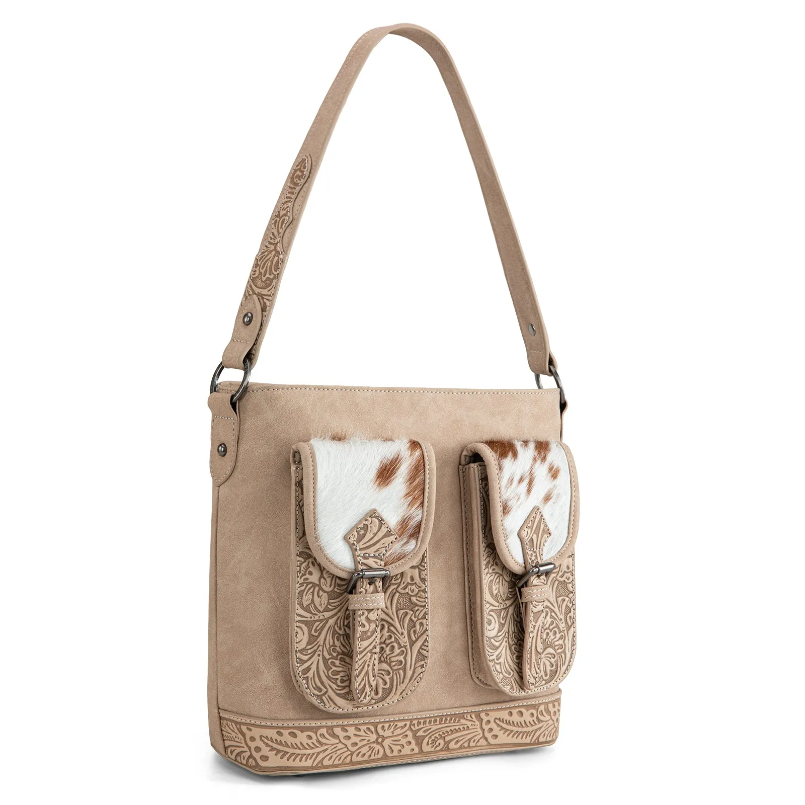 TR185G-918  Trinity Ranch Genuine Hair-On Cowhide Tooled Concealed Carry Hobo Bag- Tan