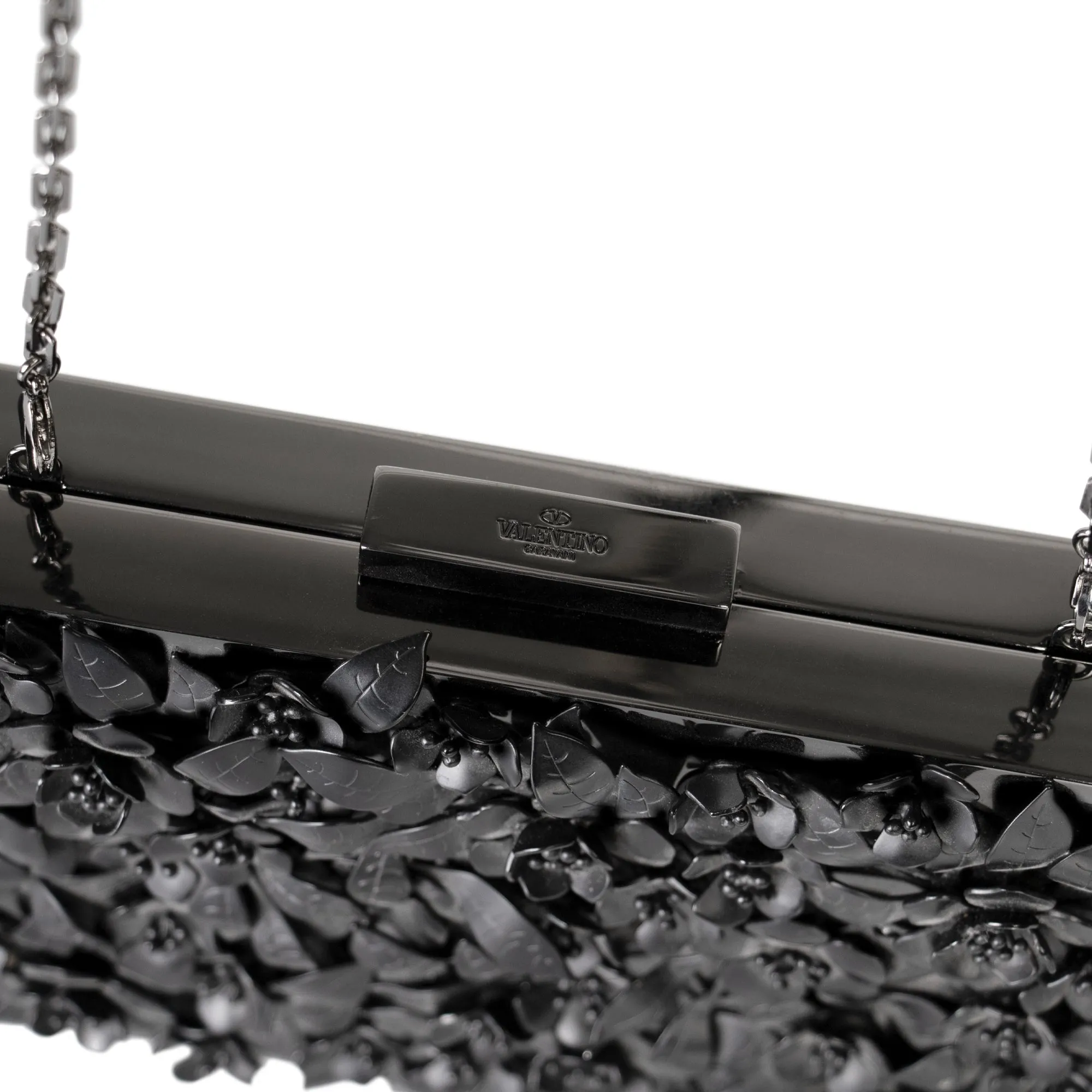 Valentino Appliqué Flowers Minaudiere in Black Metal