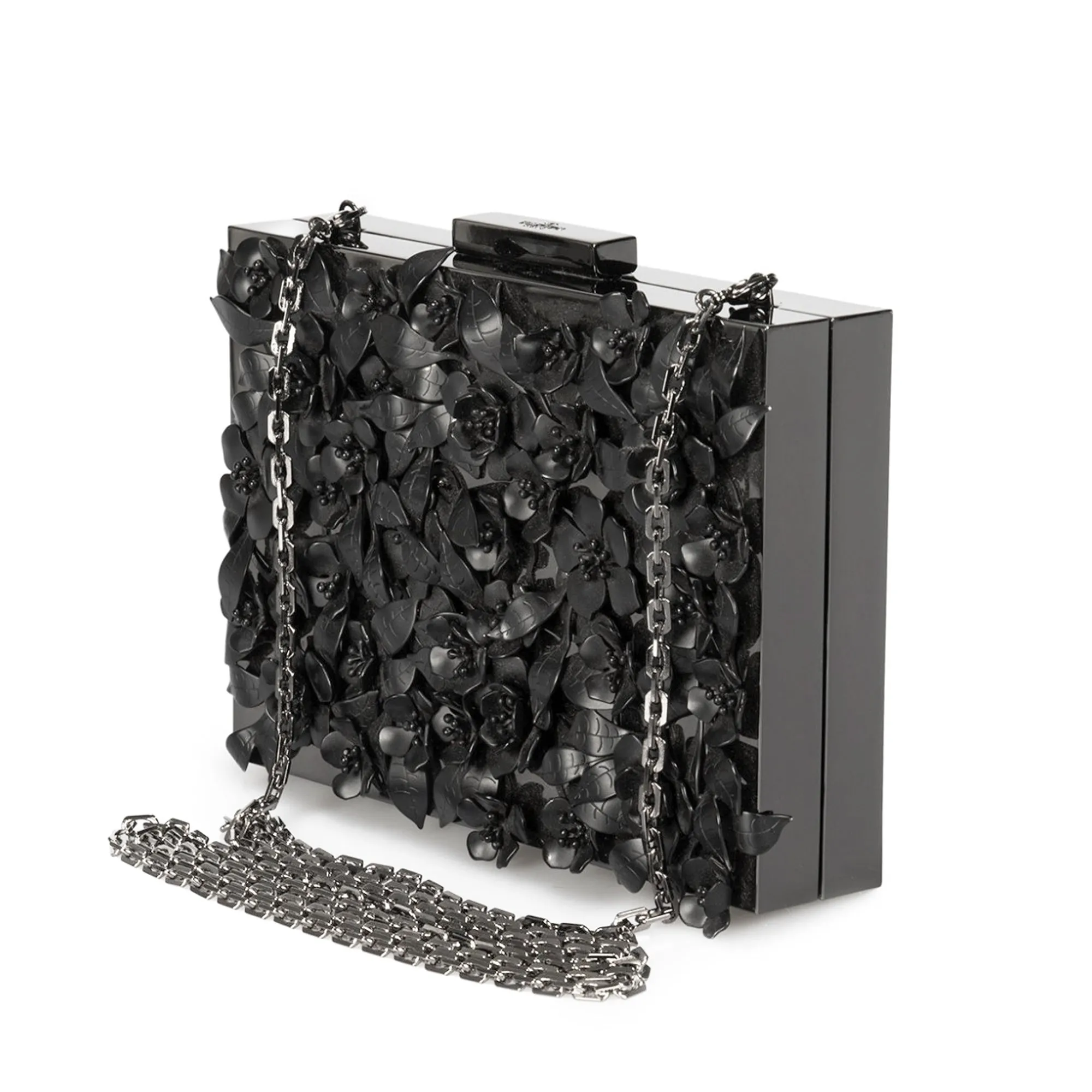 Valentino Appliqué Flowers Minaudiere in Black Metal